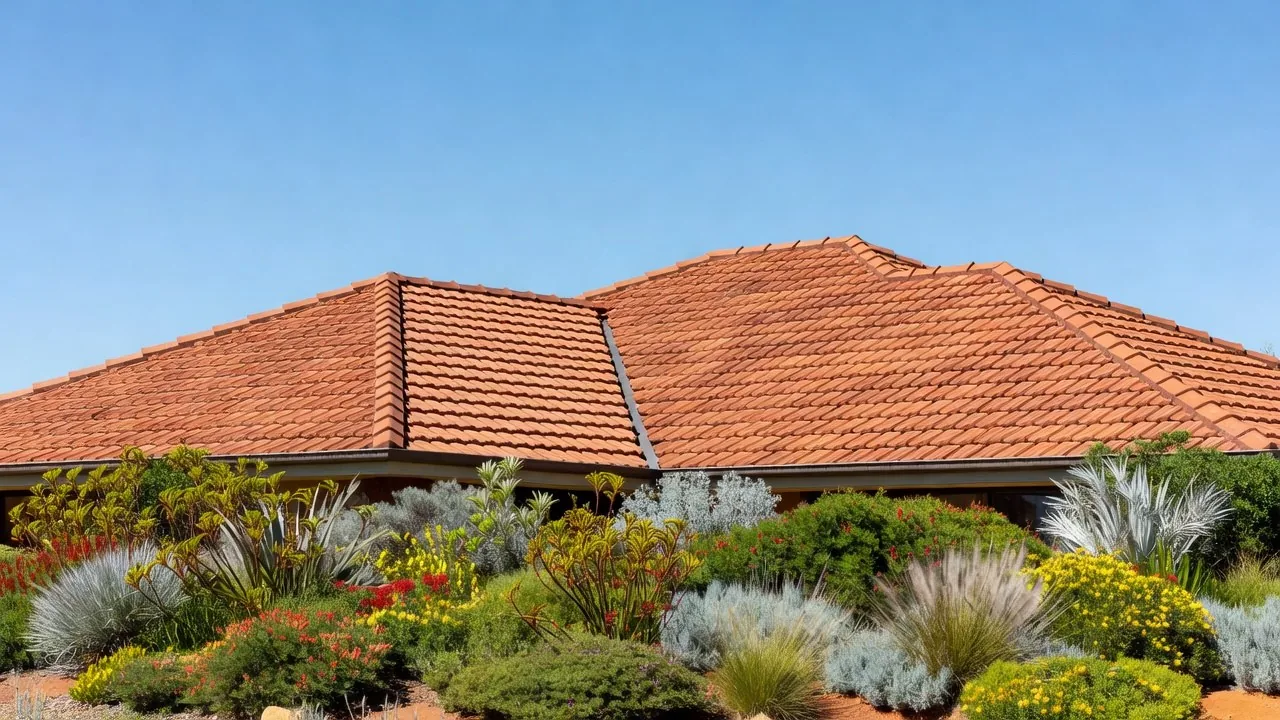 A terracotta tile roof on a Perth home with repointed ridge capping