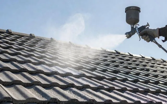Protective coating being sprayed onto tiles